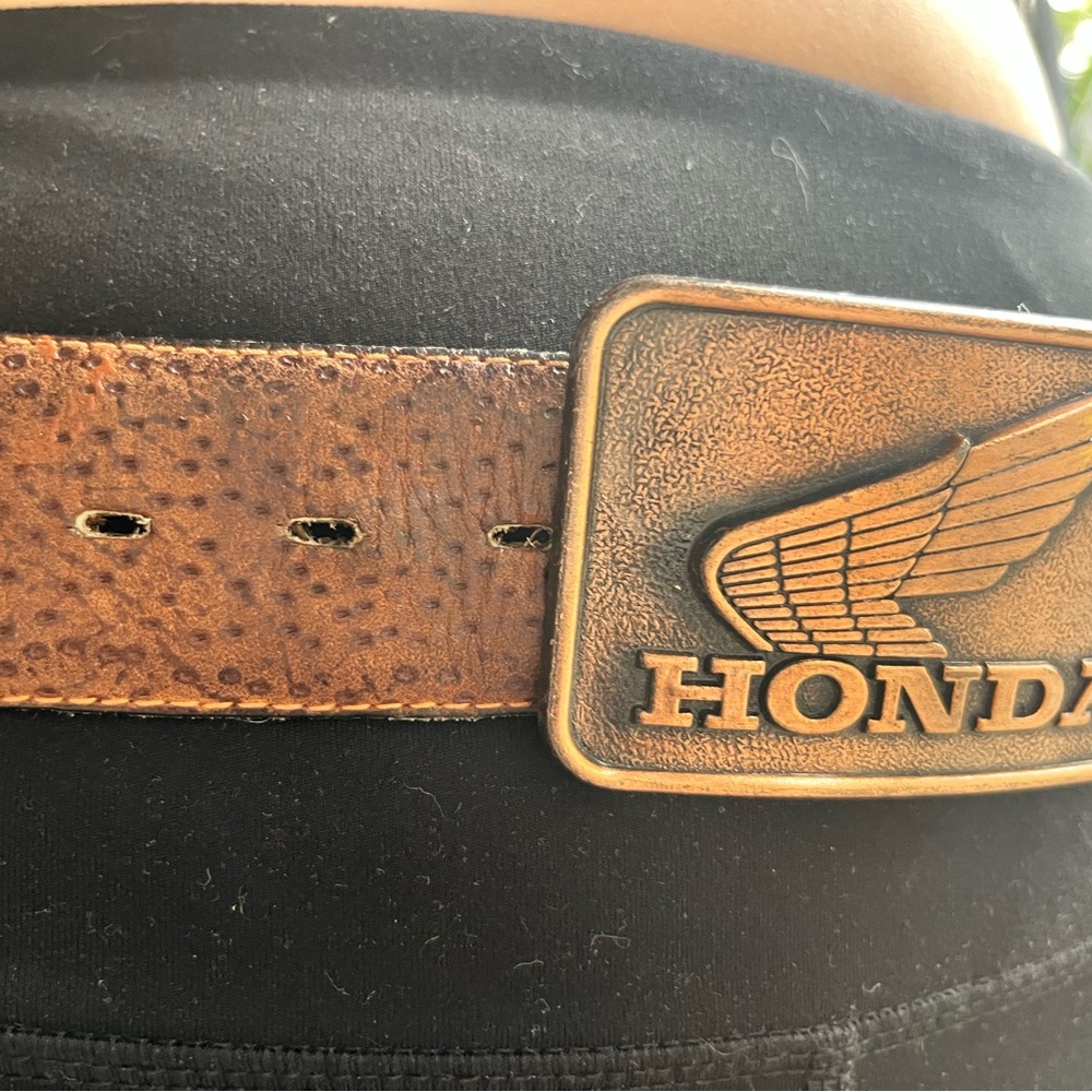 Vintage Honda Wing Logo Belt Buckle Embossed Brass Genuine Brown Leather Belt